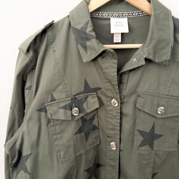 KNOX ROSE | Olive Army Green Star Print Button Front Utility Jacket Shacket | XL - Picture 3 of 8